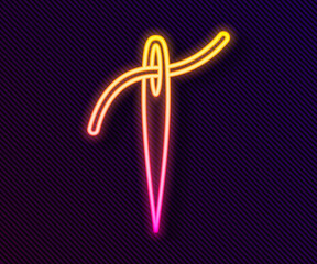 Sticker - Glowing neon line Needle for sewing with thread icon isolated on black background. Tailor symbol. Textile sew up craft sign. Embroidery tool. Vector