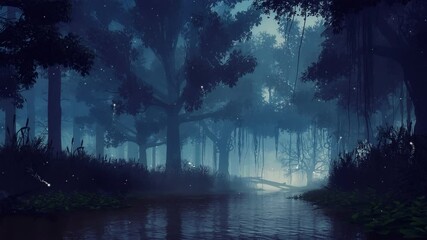 Wall Mural - mysterious woodland scenery with supernatural magical firefly lights above calm forest river among o