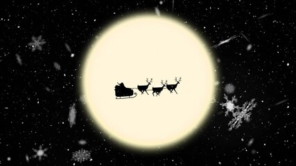 Wall Mural - Snow falling on santa claus in sleigh being pulled by reindeers against moon and snowflakes floating