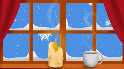 Wall Mural - Animation of window, candle and mug over snow falling