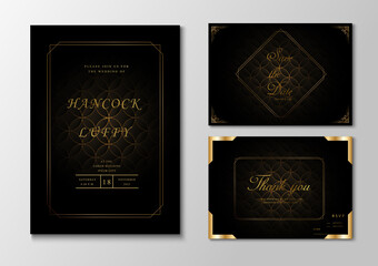 Sticker -  Luxury wedding invitation card template. Elegant of black dark background with golden frame