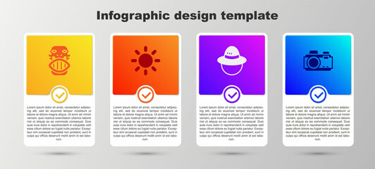 Wall Mural - Set Mexican mayan or aztec mask, Sun, Camping hat and Photo camera. Business infographic template. Vector