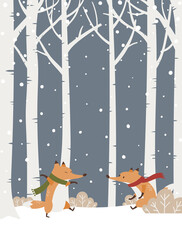 Cartoon style vector illustration of winter forest with cute foxes. Snowy forest background.