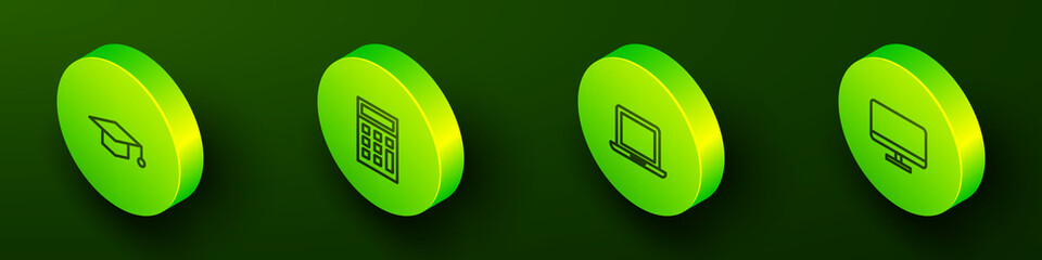 Sticker - Set Isometric line Graduation cap, Calculator, Laptop and Computer monitor screen icon. Vector