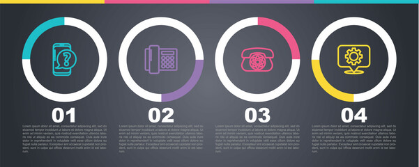 Poster - Set line Mobile phone with question, Telephone, and Location gear. Business infographic template. Vector