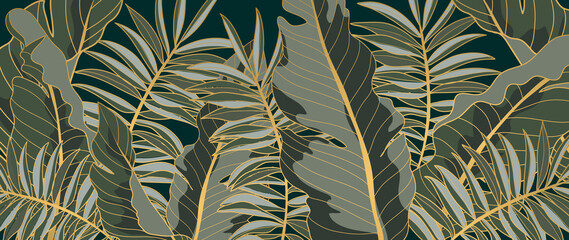 Golden leaves line art background vector. luxury gold abstract wallpaper with earth tone and tidewater green color. Design for prints, Home decoration, fabric and cover design. vector illustration.