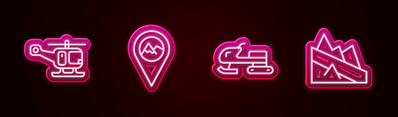 Sticker - Set line Rescue helicopter, Location with mountain, Snowmobile and Mountain descent. Glowing neon icon. Vector