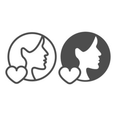 Poster - girl half face, head and heart, woman, love line and solid icon, dating concept, profile like vector
