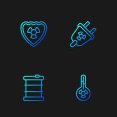 Poster - Set line Meteorology thermometer, Radioactive waste in barrel, shield and Radiation electrical plug. Gradient color icons. Vector