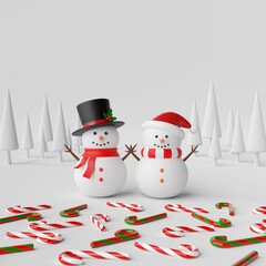 Wall Mural - Snowman in pine forest with candy cane on snow ground, 3d illustration