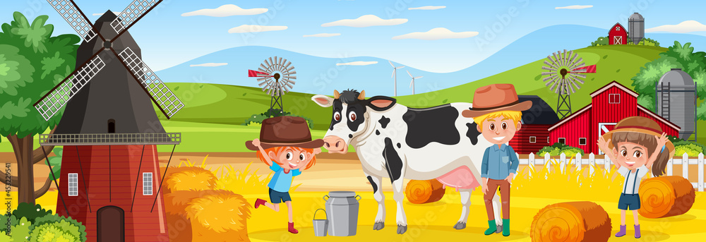 Farm horizontal landscape scene with children cartoon character and a ...