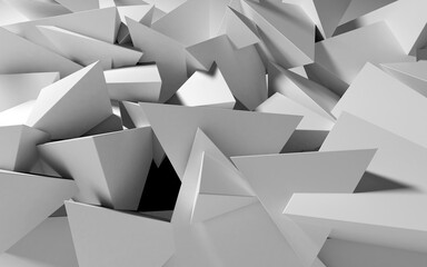 Poster - Abstract background with white 3D shapes flying in the light as a messy array or chaotic structure for any pastel backdrop. 3D illustration.