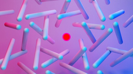 Poster - Scientific or technology abstractions with canes, sticks or rods flying in surreal symmetric structure around the red light orb. Abstract background with purple and blue neon tech structure. 3D