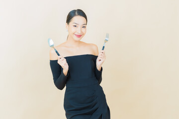 Sticker - Portrait beautiful young asian woman smile with spoon and fork