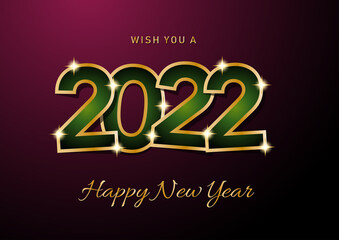 Wall Mural - 2022 Happy New Year celebration card for Christmas greetings or seasonal flyers. Vector golden text on purple background