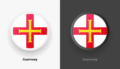 Set of two Guernsey flag buttons in black and white background. Abstract shiny metallic rounded buttons with national country flag