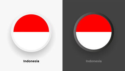 Set of two Indonesia flag buttons in black and white background. Abstract shiny metallic rounded buttons with national country flag