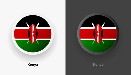Set of two Kenya flag buttons in black and white background. Abstract shiny metallic rounded buttons with national country flag