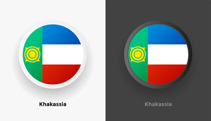 Set of two Khakassia flag buttons in black and white background. Abstract shiny metallic rounded buttons with national country flag
