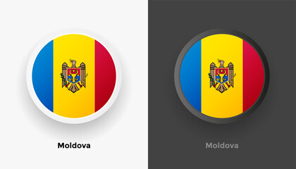Set of two Moldova flag buttons in black and white background. Abstract shiny metallic rounded buttons with national country flag