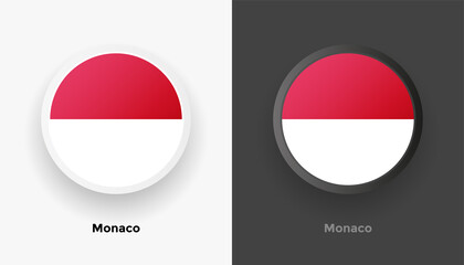 Set of two Monaco flag buttons in black and white background. Abstract shiny metallic rounded buttons with national country flag