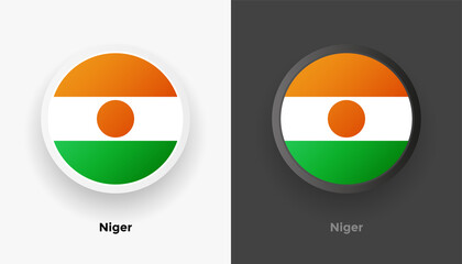 Set of two Niger flag buttons in black and white background. Abstract shiny metallic rounded buttons with national country flag