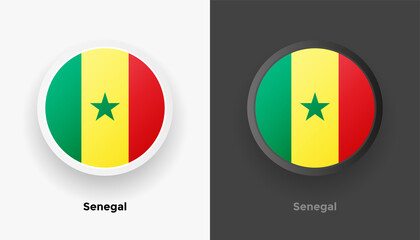 Set of two Senegal flag buttons in black and white background. Abstract shiny metallic rounded buttons with national country flag