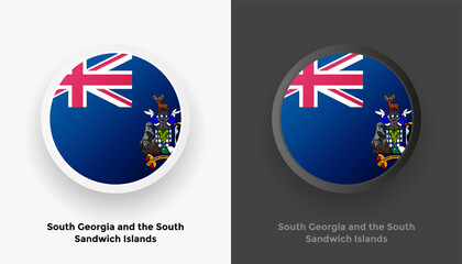 Set of two South Georgia and the South Sandwich Islands flag buttons in black and white background. Abstract shiny metallic rounded buttons.