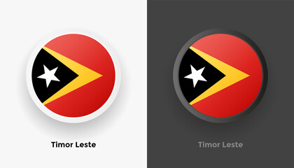 Set of two Timor Leste flag buttons in black and white background. Abstract shiny metallic rounded buttons with national country flag