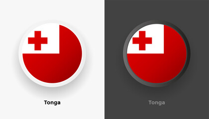 Set of two Tonga flag buttons in black and white background. Abstract shiny metallic rounded buttons with national country flag