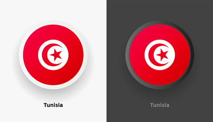 Set of two Tunisia flag buttons in black and white background. Abstract shiny metallic rounded buttons with national country flag