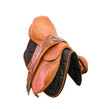 Competitive saddle of brown leather on the side on a white background