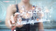 © sdecoret - Woman holding and touching holographic tubes samples projection 3D rendering