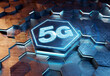 © sdecoret - 5G icon concept engraved on metal hexagonal pedestral background. Wireless technology logo glowing on abstract digital surface. 3d rendering