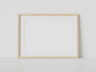Aufkleber - Wooden frame leaning on white floor in interior mockup. Template of a picture framed on a wall 3D rendering