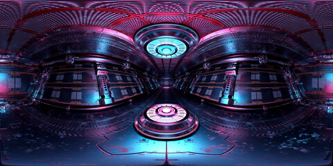 Aufkleber - HDRI panoramic view of dark blue pink spaceship interior. High resolution 360 degrees panorama reflection mapping of a futuristic spacecraft with projector 3D rendering