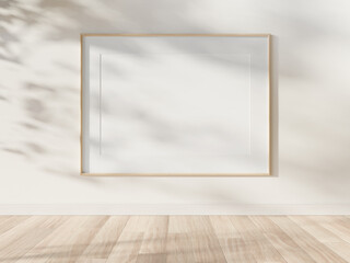 Wooden frame hanging in bright interior mockup. Template of a picture framed on a wall 3D rendering