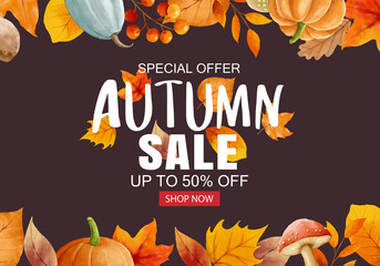 Wall Mural - autumn sale banner template background. autumn shopping sale with leaves frame and text.