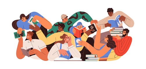 Aufkleber - Bookcrossing concept. Happy people exchanging, borrowing and recommending paper books. Group of man and woman reading. Readers swap literature. Flat vector illustration isolated on white background