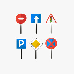 Cartoon road sign set on white background. Hand drawn traffic sign doodle illustration. Childish flat vector direction sign, ideal for kid t shirt print, poster design about safety