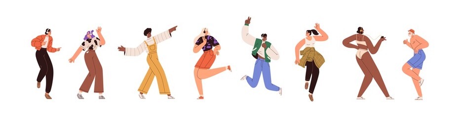 Aufkleber - Happy people dance to music while listening to it with headphones and earphones. Set of diverse modern man and woman dancing from joy and fun. Flat vector illustration isolated on white background