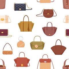 Poster - Seamless fashion pattern with women hand bags of different shape, color and design. Repeatable background with modern leather handbags, purses and clutches. Flat vector illustration for printing