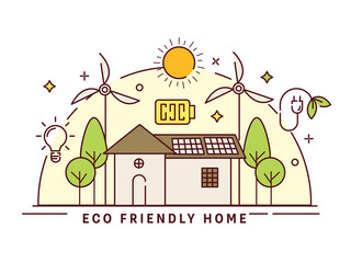 Sticker - Vector Illustratio Of Eco Friendly Home With Windmill, Light Bulb, Tree And Sunshine On White Background.