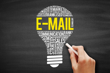 Poster - E-MAIL bulb word cloud collage, business concept background on blackboard