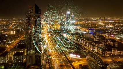 Poster - Smart digital city concept, aerial view, Dubai, United Arab Emirates, time lapse, 4k video, loop