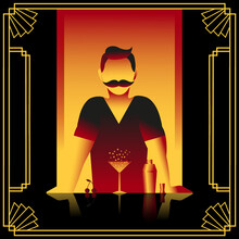 Barman With Moustache And Sparkling Cherry Cocktail And Cocktail Shaker. Vector Square Poster In Art Deco Style.