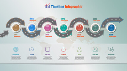 Business roadmap timeline infographic with 7 steps circle designed for background elements diagram planning process webpages workflow digital marketing data presentation chart. Vector illustration
