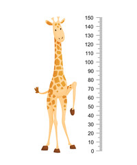 Funny giraffe. Cheerful funny giraffe with long neck. Giraffe meter wall or height chart or wall sticker. Illustration with scale from 2 to 150 centimeter to measure growth