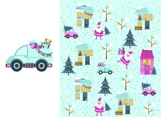  Santa toy pattern, Christmas tree and other holiday details. Childish hand-drawn scandinavian style. Vector illustration