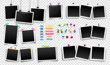 Photo Frames Fixed With Sticky Tape, Push Pins, Thumbtacks, Binder Clips Of Different Colors. Vector Set Of Photo Templates. Illustration Of Empty Photo With Shadows On Transparent Background.